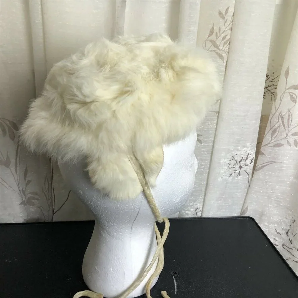 Vintage Fur Hat Child Size Ear Flaps Tie Neck White Soft